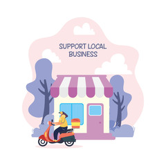 support local business campaign with store building with delivery worker in motorcycle