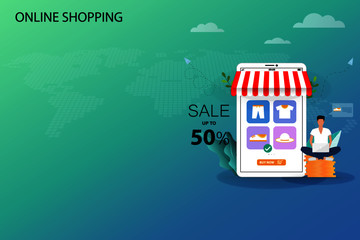 Concept of online shopping, businessman is sitting on a big golden coin stack in front of smartphone that contain discount rate and list of products to order a new shoe in blue green shade background.