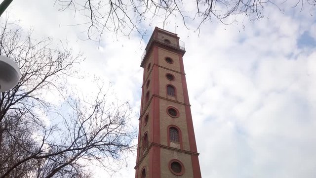 Landmark Perdigones Tower in Seville, Spain, Low Angle Moving Forward