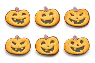Set of Halloween gingerbread pumpkin faces isolated on white background, holiday collection