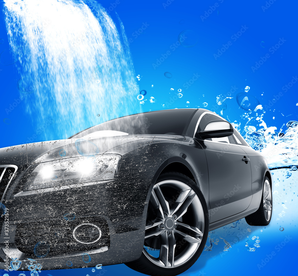 Wall mural car wash, dirty car wash in action - image