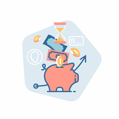 flat vector design element on savings management with abstract piggy bank, cash money, coins and hourglass