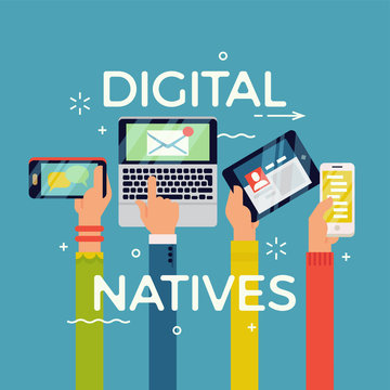 Cool Vector Concept Illustration On Digital Natives. Digital Technology Age Generation. .Abstract Hands With Mobile Electronic Devices. Technology In Society And Everyday Life