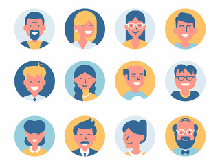 Fototapeta premium Various vector round abstract avatar icons. Different characters portraits. Ideal for social media and business presentations, UI, UX, graphic and web design, applications and interfaces