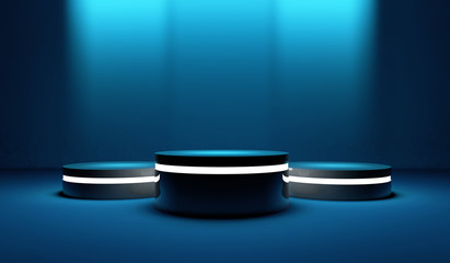 Winning podium for product, dim lighting, bluish tones