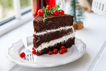 chocolate cake chocolate berries cranberries currant red merry christmas new year dessert baking food background top view copy space for text