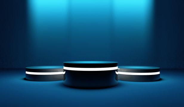 Winning podium for product, dim lighting, bluish tones