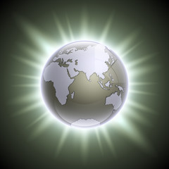 World map rising sun. Solar eclipse globe icon, space sunlight. Planet Earth sunny glow background view from space. Continents world Sunshine picture. Colorful solar eclipse astro poster presentation
