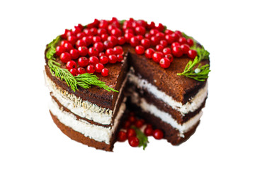 chocolate cake chocolate berries cranberries currant red merry christmas new year dessert baking food background top view copy space for text