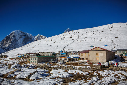 Tea houses for hikers in Gorakshep near Everest Base Camp.