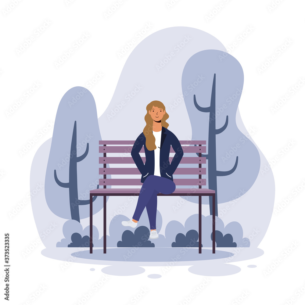 Wall mural young woman casual seated in the park chair avatar character