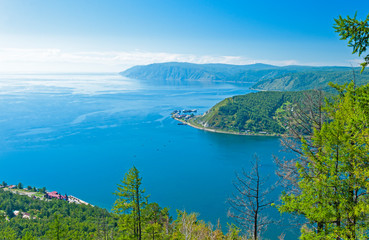 Fototapeta premium River Angara and Lake Baikal as seen from Chersky Peak in the village of Liastvianka, near Irkutsk.