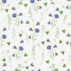 Seamless pattern with wild flowers . Cornflowers, clover and cereals on a light background.It can be used when creating Wallpaper in the Scandinavian style.
