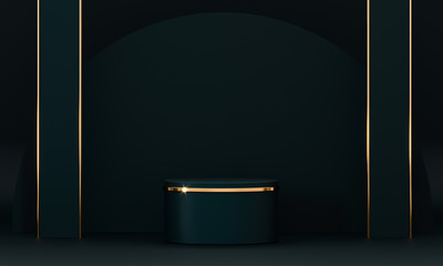 3D rendering black podium geometry with gold elements. Product presentation blank podium. Minimal scene round step floor abstract composition. Empty showcase, pedestal platform display.