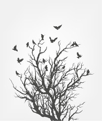 figure flock of flying birds on tree branch. Vector illustration