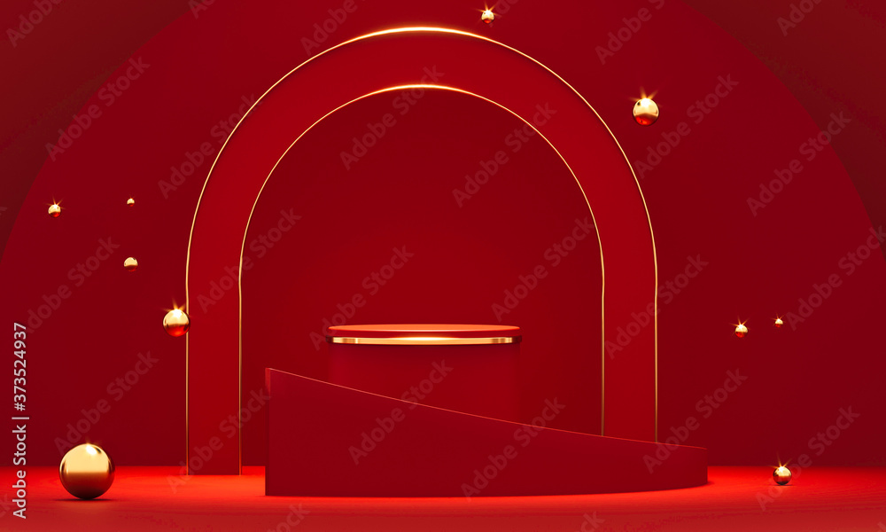 Poster 3d rendering red podium geometry with gold elements. product presentation blank podium. minimal scen