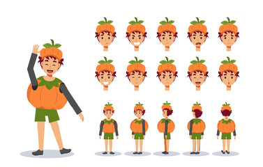 Little Boy in Cute pumpkin costume for Halloween festival.trick or treat. Front, side, back view animated character.Vector Character creation set, Cartoon style, flat vector illustration.