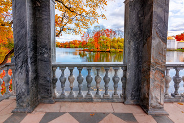 Catherine park in autumn seen from Marble bridge, Tsarskoe Selo (Pushkin), Saint Petersburg, Russia