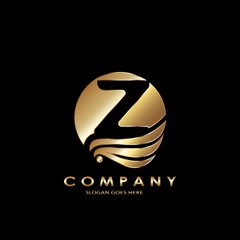 Gold Business Initial Z Logo Letter, Elegance Wave Wing Bird with negative space letter Z design concept.
