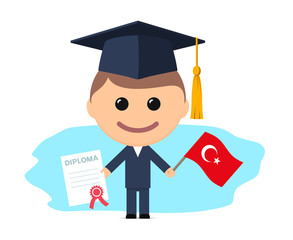Cartoon graduate with graduation cap holding diploma and flag of Turkey