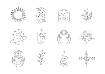 Boho mystic line icons. Simple tattoos, hand drawn astrology logos, bohemian set of magic esoteric symbols. Vector illustration
