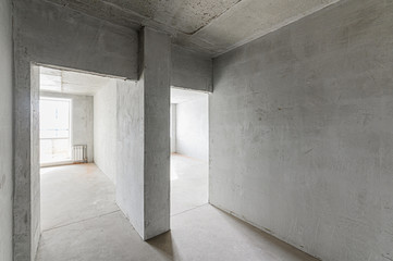 Russia, Moscow- February 10, 2020: interior room rough repair for self-finishing. interior decoration, bare walls of the premises, stage of construction