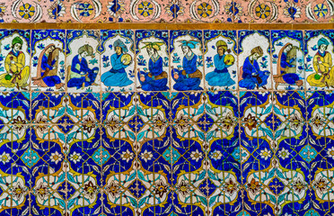 Iran, in  the city of Yazd, beautiful coloured  pre-Islamic tiles seen in the old public Bazaar.