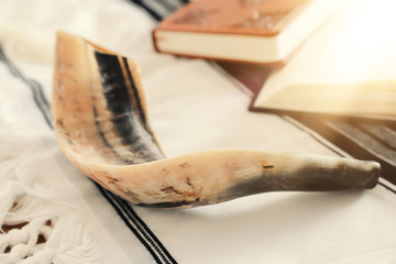 religion image of Prayer book and Shofar (horn) jewish religious symbols. Rosh hashanah (jewish New...