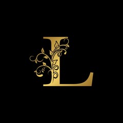 Gold Initial Letter L Logo Icon, Botanical Nature Leaf Vector Design