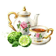 Teapot, cup of tea and Bergamot fruit slice. Hand drawn watercolor illustration isolated on white background