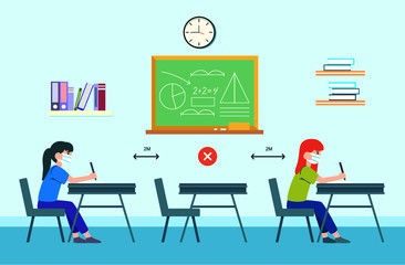 The concept of back to school and social distancing. illustration of the condition or state of students in class when new normal or after corona.