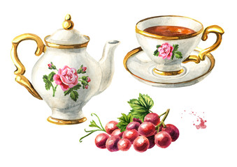 Obraz na płótnie Canvas Teapot, cup of tea and grapes set. Hand drawn watercolor illustration isolated on white background