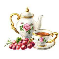 Teapot, cup of tea and grapes. Hand drawn watercolor illustration isolated on white background