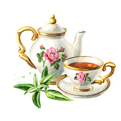 Teapot, cup of tea and Verbena herb. Hand drawn watercolor illustration isolated on white background