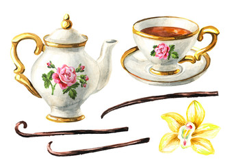 Teapot, cup of tea with Vanilla flower and pods. Hand drawn watercolor illustration isolated on white background