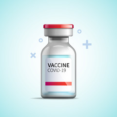 Vaccine against the COVID-19. Vector illustration of a glass vial of the vaccine has blue liquid and a label with a text. The vial is on a blue light background. EPS 10.