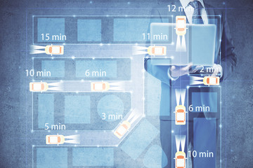 Automobile theme drawing with businessman working on computer on background. Autopilot taxi...