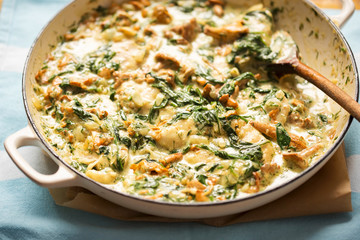 Fried chicken with chanterelle mushrooms, spinach in creamy dill sauce 