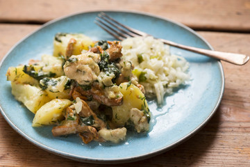 Potatoes with fried chicken with chanterelle mushrooms, spinach in creamy dill sauce 