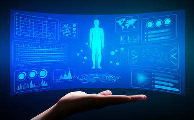 Scientist holding virtual screen with human hologram and biotech data over dark background, collage