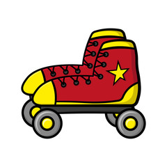 Beautiful red cartoon roller skates icon. Side view. Colored contour silhouette. Vector flat graphic hand drawn illustration. The isolated object on a white background. Isolate.