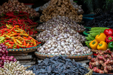 Fresh vegetables for sale at street food market in the old town of Hanoi, Vietnam