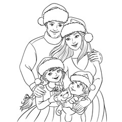 Happy Christmas family. Outlined for coloring book