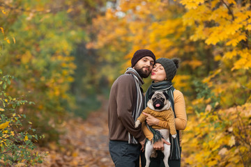 Naklejka na ściany i meble Happy couple in autumn in the park with cute pug