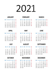Yearly calendar 2021. Week starts from Monday. Vector illustration