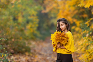 Cheerful woman portrait with autumn maple leaves in the park