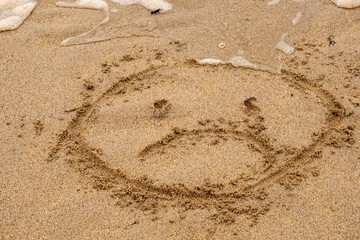 Unhappy face sign on a yellow sand. Concept state of mind