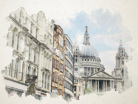 London watercolor very old town 