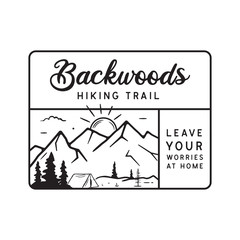 Vintage camping adventure logo emblem illustration design. Outdoor label with tent, mountain scene and text - Backwoods Hiking Trails. Unusual linear style sticker. Stock vector.