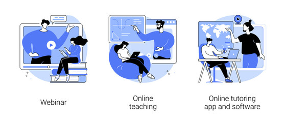 E-learning abstract concept vector illustration set. Webinar, online teaching, online tutoring app and software, video call and chat, video course, schedule software, learning plan abstract metaphor.